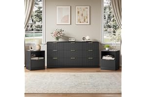 NOVAMAISON 3-Piece Fluted Black Dresser and Nightstand Set, 63” Wide Bedroom Dresser Set Night Stand Set of 2 with Metal Handle, Modern Wood Chest of Drawers Storage Dressers Set for Bedroom, Black