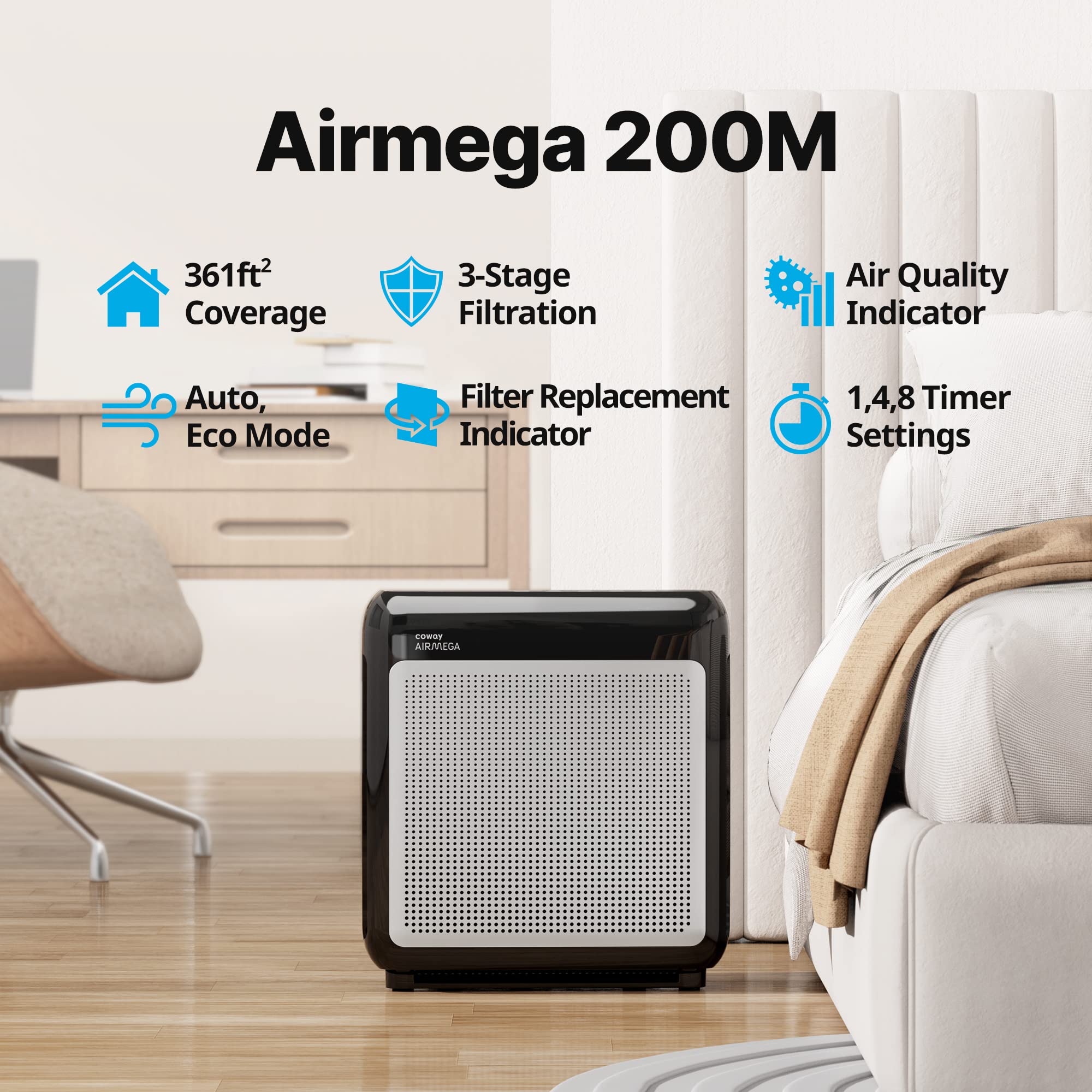 COWAY Air Purifiers for Home Up to 1,748ft², True HEPA Filter for Smoke, Allergies, Pet Dander, Odor, Air Quality Monitor, Auto&Eco Mode, Timer, Filter Indicator, 3yr Warranty, 200M, Black