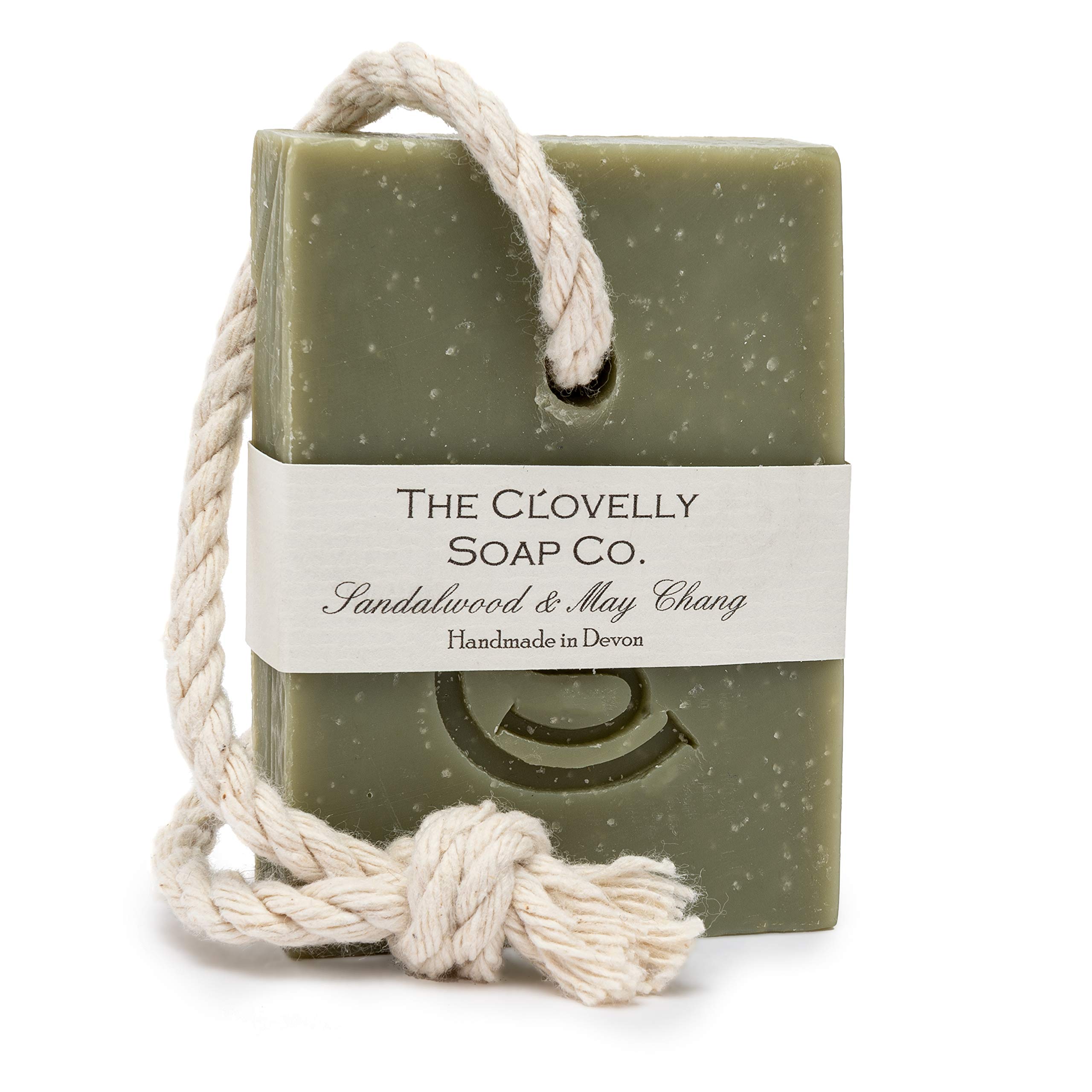 Clovelly Soap Co Natural Handmade Soap on a rope bar (Sandalwood & May Chang with Green Clay 100g) For all skin types.