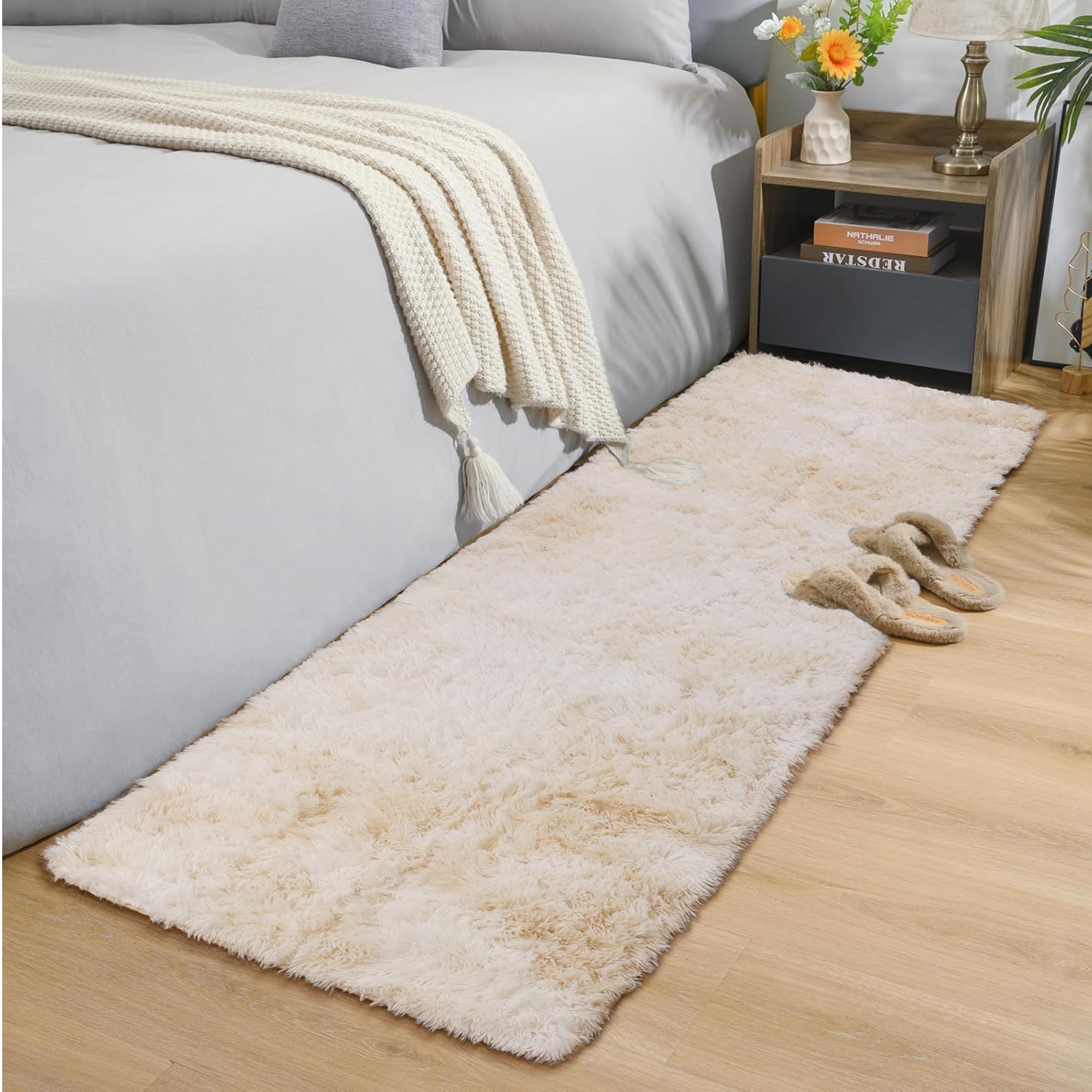 Oxford Homeware Rugs Living Room – Tie-Dye Cream Area Rugs for Bedroom, Hallway Runner 60x220 cm Anti Slip – Modern Super Soft Plush Carpets Fluffy Shaggy Rug for Lounge – Non Shedding Bedside Rug