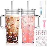 Birity 24oz Pink Bow Glass Cups with Lids and Straws,2 Set Glass Tumbler with Handle,Galss Cup with Stickers and Aesthetic Iced Coffee Cup for Smoothies,Tea,Juice,Boba,Christmas Gifts for Women