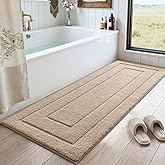 DEXI Bathroom Rug 60x24, Non Slip Washable Bath Mat Runner for Shower Floor, Extra Long Absorbent Soft Bathmat with Rubber Backing, Quick Dry Microfiber Carpet, Beige