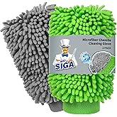 MR.SIGA Microfiber Car Wash Mitt, Chenille Wash Mitt for Car Washing | Super absorbent and scratch free, noodle gloves for lifting dirt from car, pack of 2, green &amp; gray