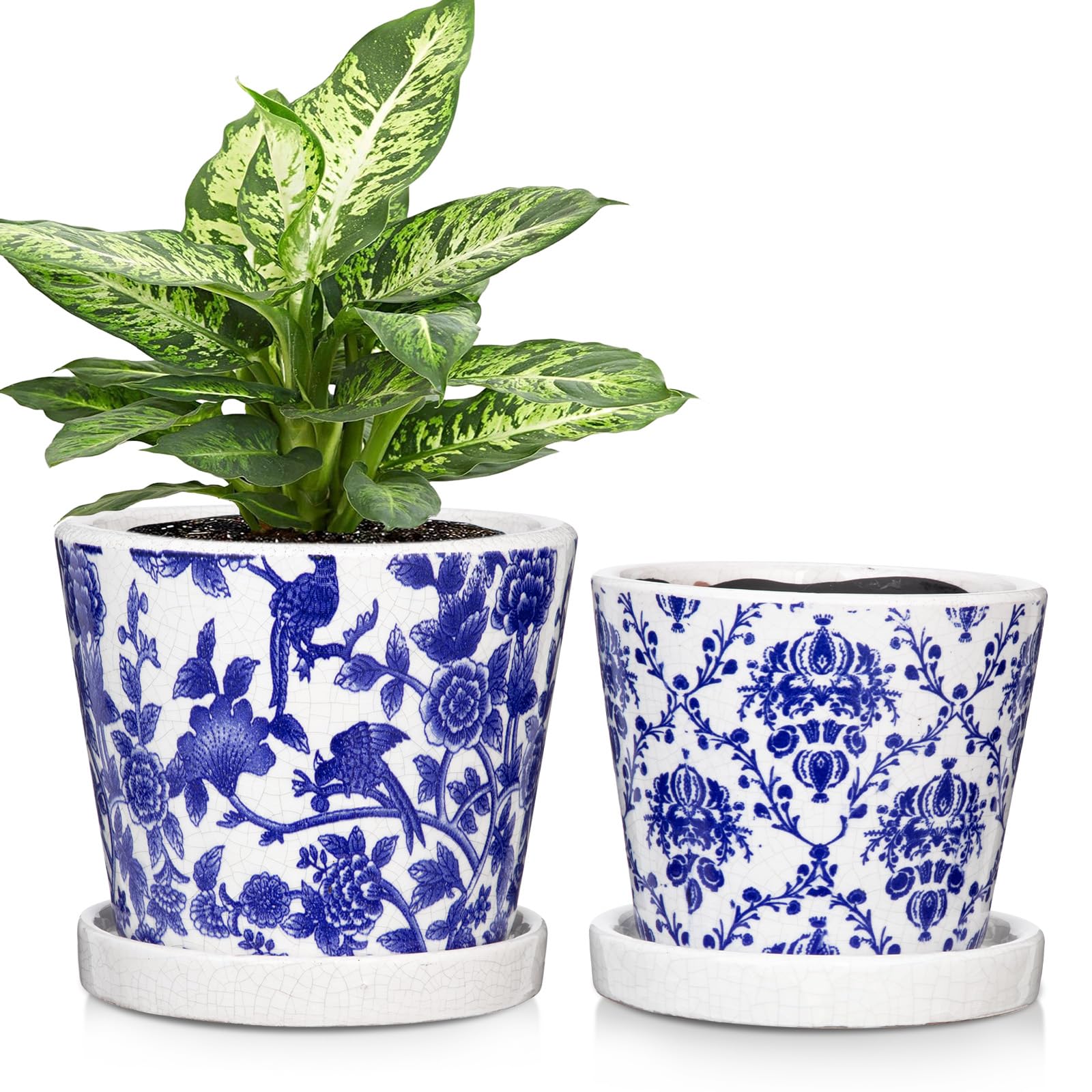 Oairse Set of 2 Blue and White Ceramic Planter 14CM 12CM Ceramic Plant Pots Indoor with Drainage Holes and Saucers Tray Decorative Flower Pots Garden Pot for Succulent Cactus House Plants