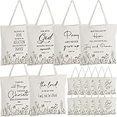 Aliceset 12 Pcs Bible Tote Bags Bulk for Women Christian Religious Bible Verse Canvas Reusable Church Floral Jesus Bags for Church Gifts, 15 x 16 Inches