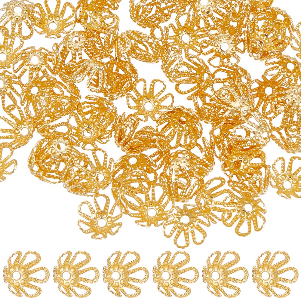 Beebeecraft 1 Box 200Pcs Filigree Bead Caps 18K Gold Plated Brass Hollow Flower Bead End Caps Spacers 6.5mm for Jewellery Making Hole: 1mm