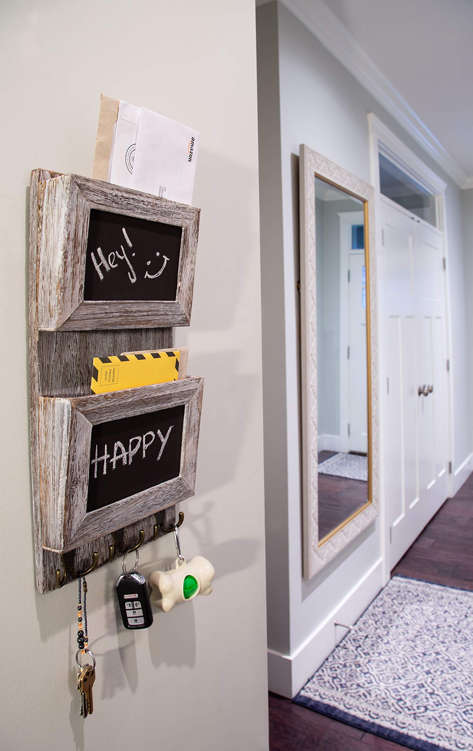 Rustic 2-Slot Mail Sorter Organizer for Wall with Chalkboard Surface & 3 Double Key Hooks - Wooden Wall Mount Mail Holder Organizer – Wall Décor for Entryway made of Paulownia Wood - Rustic White