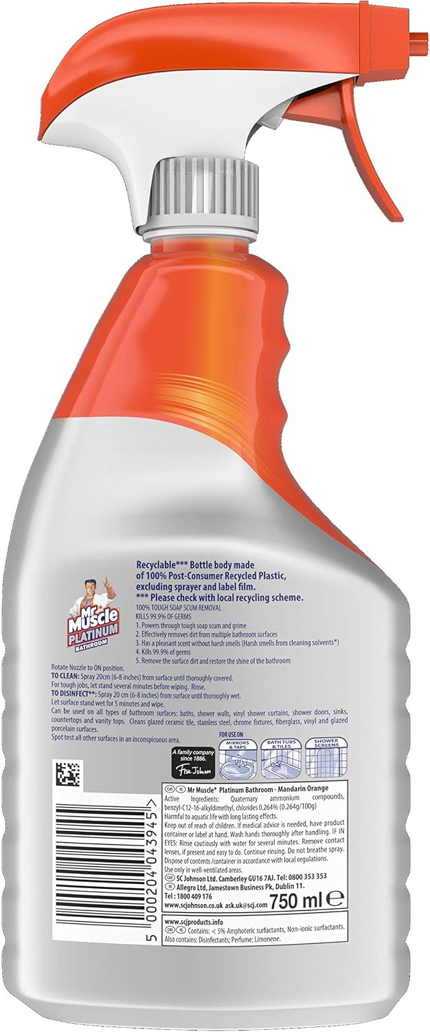 Mr Muscle Platinum Antibacterial Bathroom Spray Mandarin 750 ml - Image 3