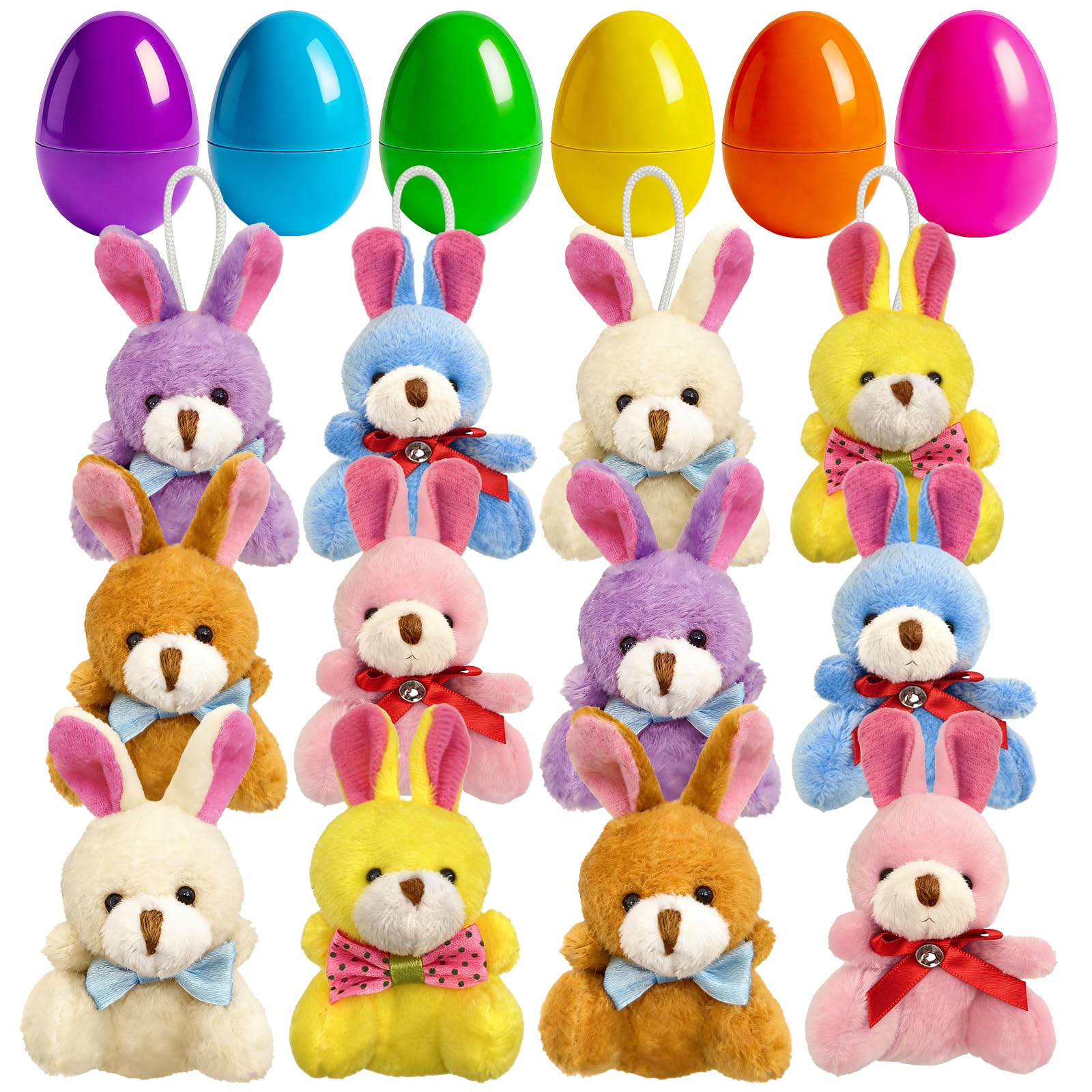 12 Pcs Prefilled Easter Eggs Plush Toy, 2.35in Bright Colorful Eggs Prefilled with Variety Plush Bunnies Easter Basket Stuffers Party Favors Gift Bags