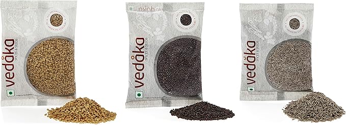 Amazon Brand-Vedaka Spice combo-Cumin Seeds (Jeera), Mustard Seeds (Rai) Big, Fenugreek (Methi), 300g (100g each)