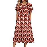 HOTOUCH Women's Summer A-Line Midi Dresses 2026 Casual Floral Short Sleeve T-Shirt Dress Flowy Beach Sundress with Pockets