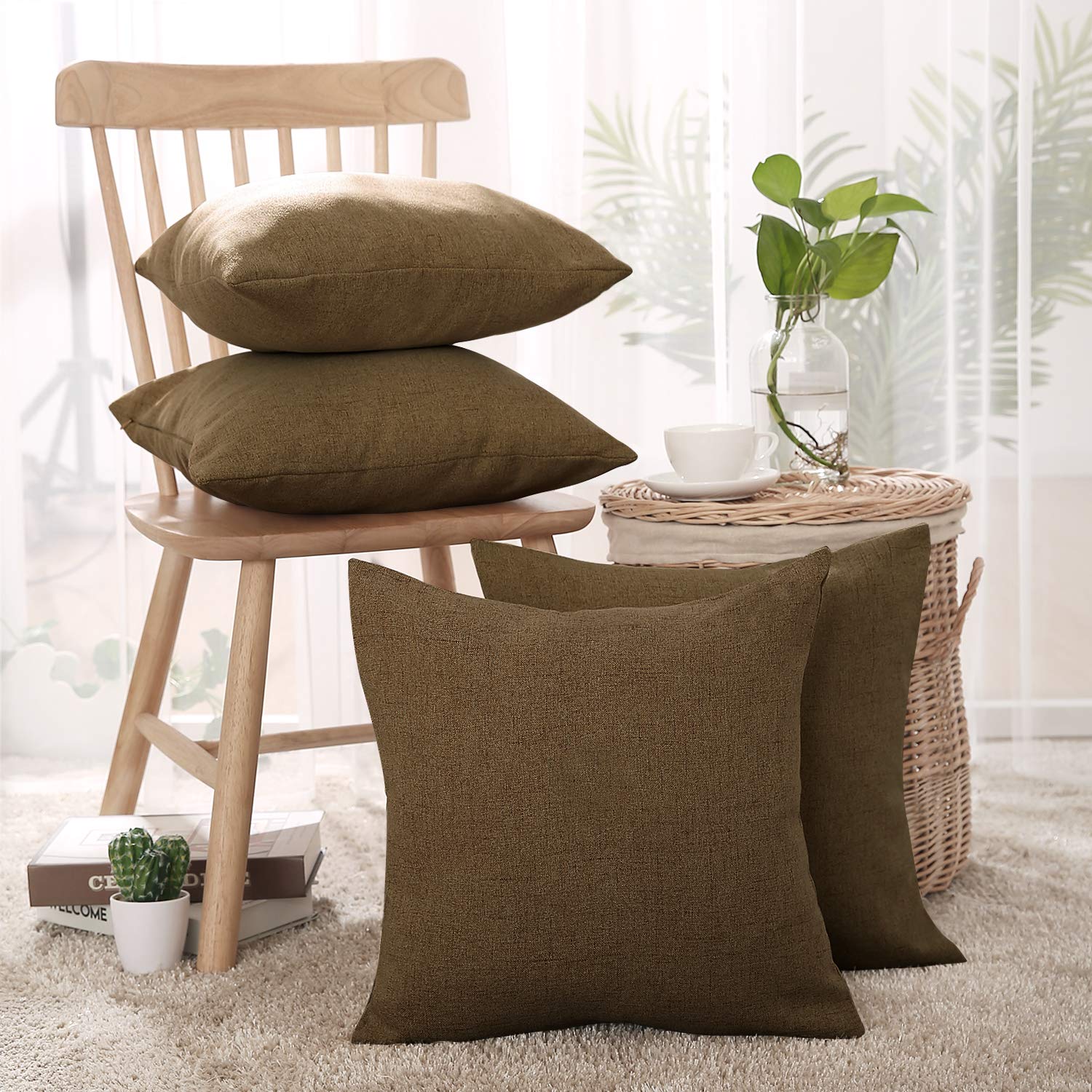 Deconovo Decorative Throw Pillow Cases Faux Linen Pillow Covers Cushion Covers for Bedroom with Invisible Zip 18x18 Inch 4 Pieces Flax