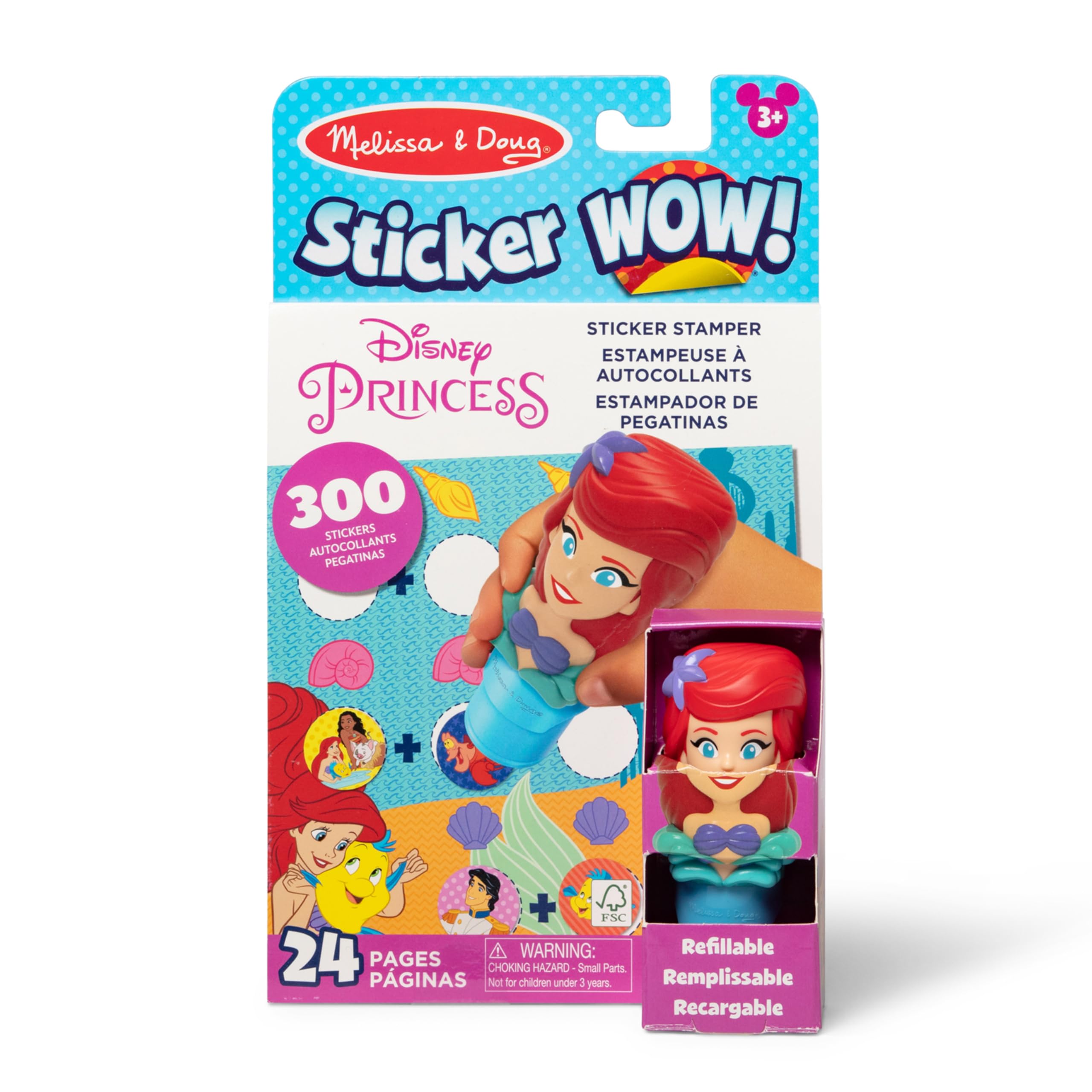 Melissa & Doug Sticker Wow!™ 24-Page Activity Pad and Sticker Stamper, 300 Stickers, Arts and Crafts Fidget Toy Collectible Character – Disney Princess Ariel - for Kids Ages 3+ - FSC Certified