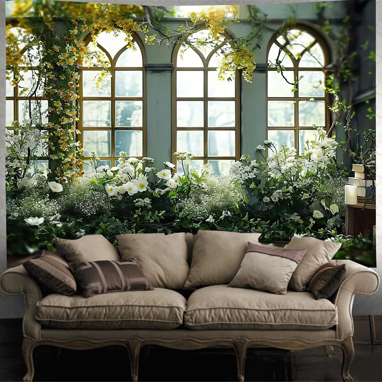 Photo 1 of FENDROM Window View White Flower Tapestry Nature Landscape Classic Flower Vine Wall Hanging Party Decorations For Bedroom Living Room Dorm
