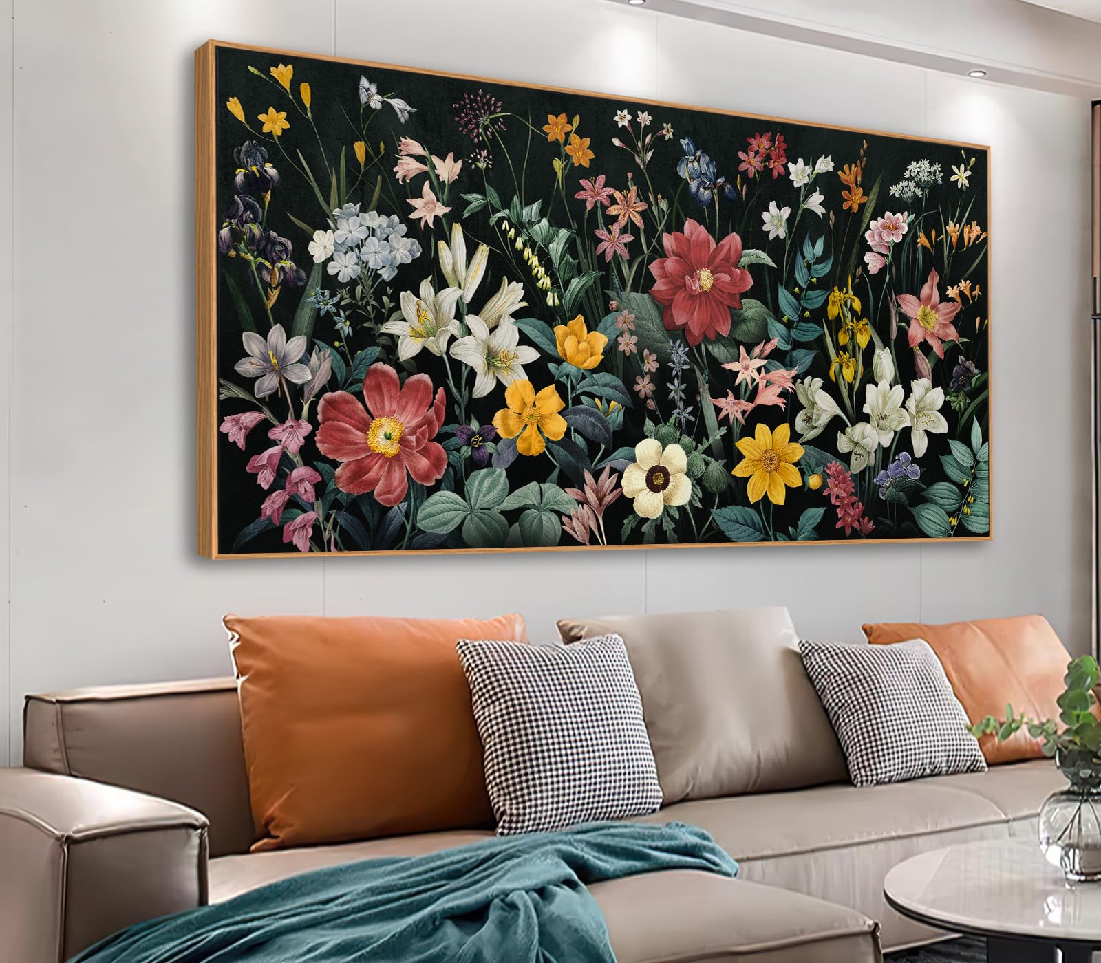 Photo 1 of tigeridge Botanical Framed Wall Art - Colorful Flowers Bouquet Canvas Pictures Wall Decor Wildflowers Plants Painting Artwork Blooming Floral Prints for Living Room Decor 40 x 20in, Natural Wood Frame