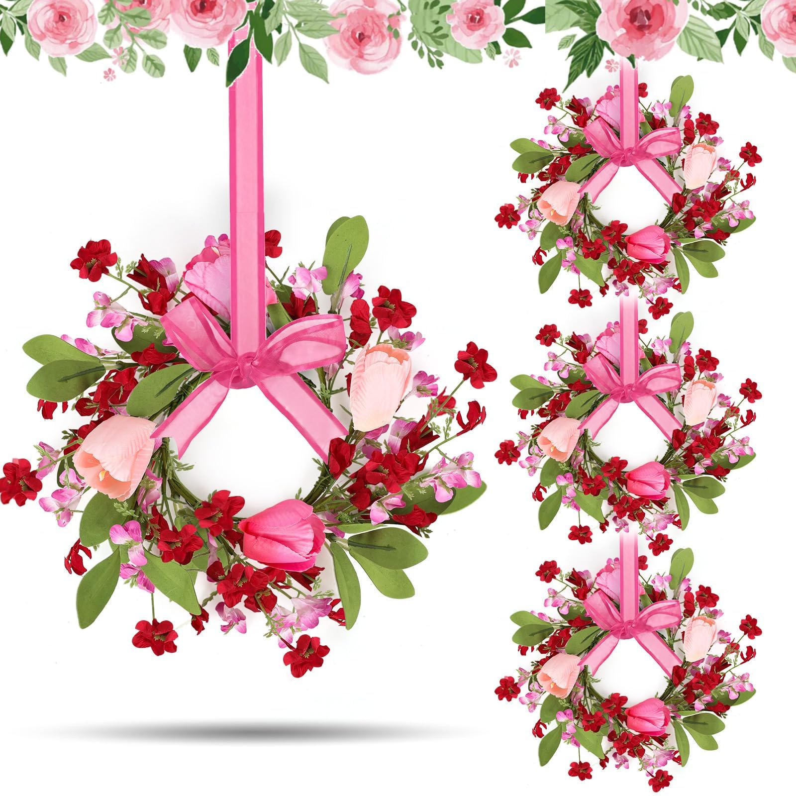 4 PCS 9" Mini Valentine's Day Wreath for Front Door Valentine Kitchen Cabinet Wreath Artificial Tulip Small Wreath with Forsythia Flowers Lavender Green Leaf Ribbon for Wedding Window Home Wall Decor