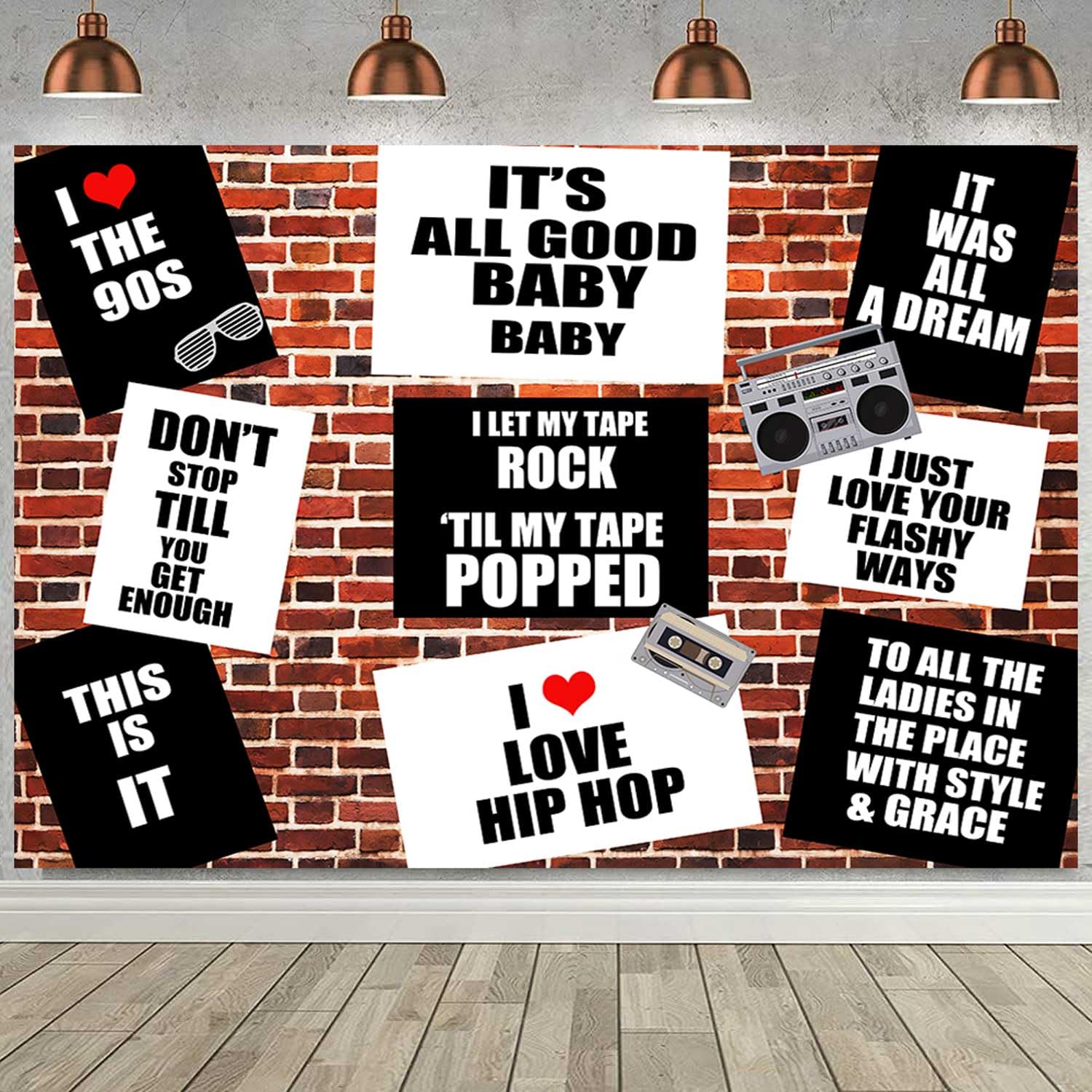 Photo 1 of Sensfun Hip Hop 90s Theme Backdrop Retro Red Brick Wall Photography Background Back to The 90s Birthday Decorations Rap Music 90'S Hip-Hop Black White Graffiti Party Banner Photo Booth Props 7x5ft