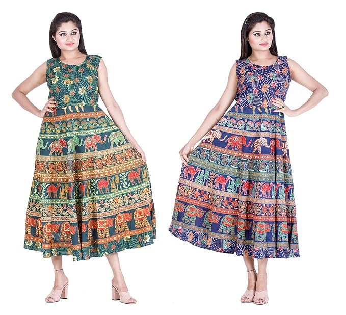 Dhruvi Combo Pack Printed Jaipuri Long Maxi Dress Cum Flared Long Kurti with Attached Short Sleeves S XXL