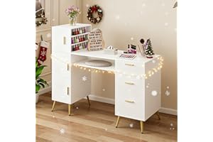 ARTETHYS Portable Nail Desk with Drawers White Manicure Table Nail Station with Shelves L-Shaped Salon Corner Nail Art Equipment for Nail Tech