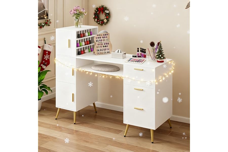 ARTETHYS Portable Nail Desk with Drawers White Manicure Table Nail Station with Shelves L-Shaped Salon Corner Nail Art Equipment for Nail Tech