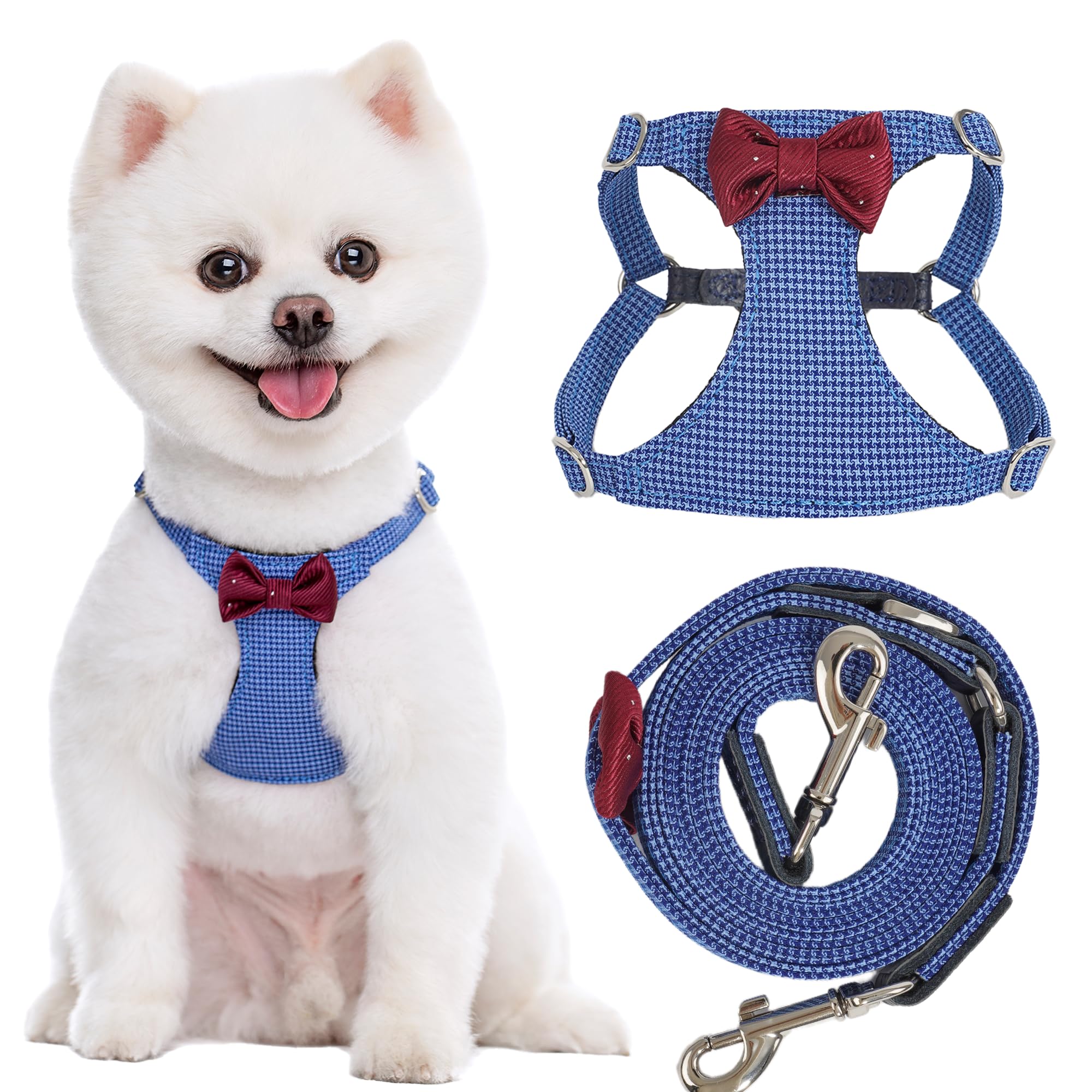 No Pull Small Dog Harness with Multifunction Dog Leash,Lightweight Soft Adjustable No Choke Escape Proof Pet Harness Vest Pet Harness Vest,Plaid Blue,S