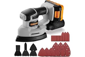 DEKO Cordless Detail Sander, Mouse Sander with Battery, Triangular Base Plate, Gray and Orange