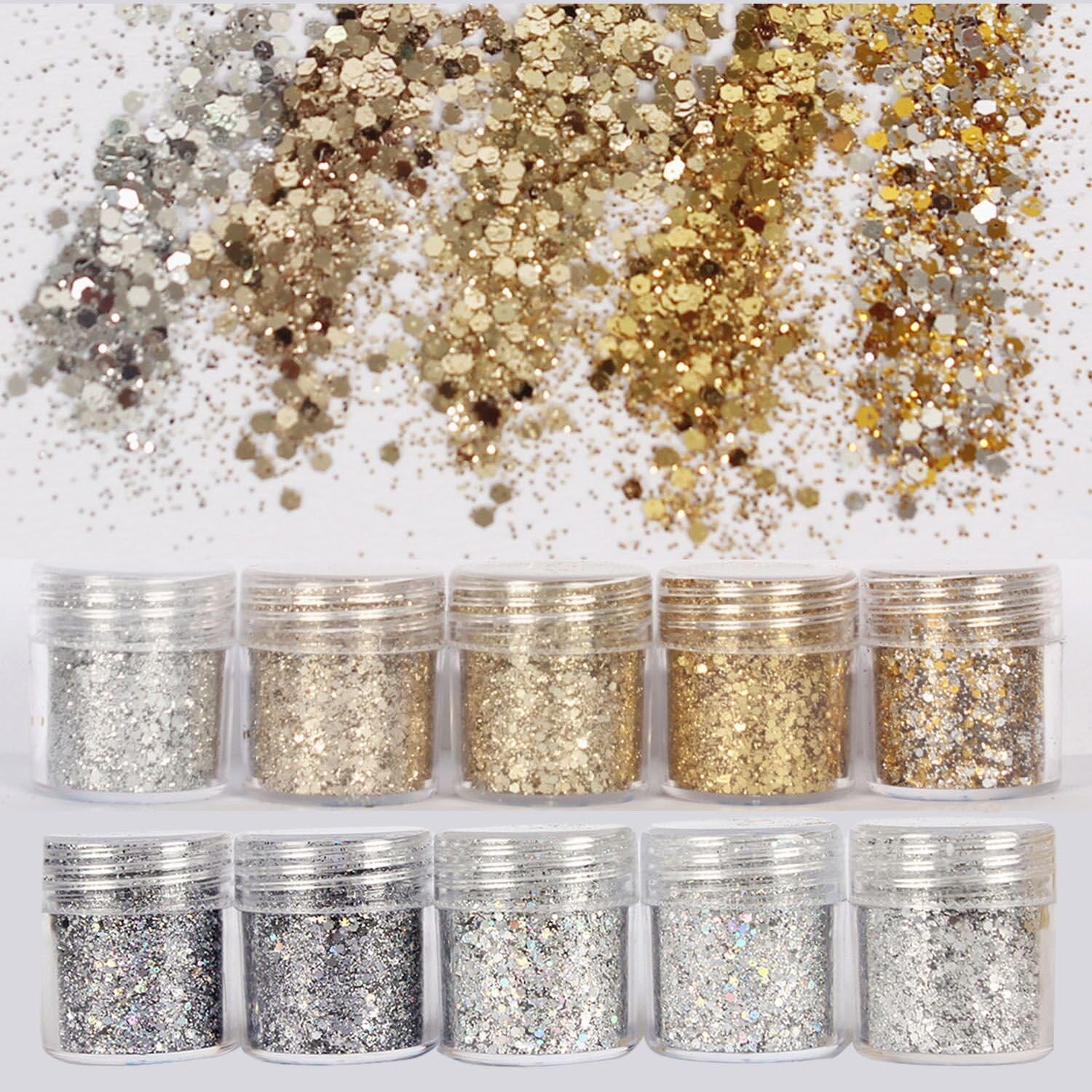 DaLin 10 Boxes Gold Silver Holographic Chunky Glitter Sequins Iridescent Flakes Ultra-thin Tips Colorful Mixed Paillette Festival Beauty Makeup Face Body Hair Nails Cosmetic Glitter