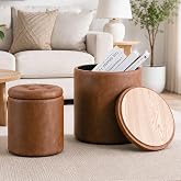 Leather Storage Ottoman Round, Foot Stool with Storage for Living Room | Brown, 12.6" W x 14.17" H &amp; 14.76" W x 17.32" H, Set of 2, Waterproof, No Assembly, Vanity Stool, Coffee Table, Flip Lid Tray