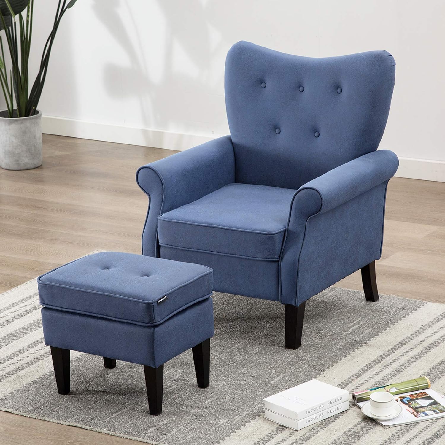 Amazon Com Artechworks Tufted Accent Chair With Ottoman Tech Cloth Leathaire Single Sofa Club Chair For Living Room Bedroom Office Hosting Room Blue Kitchen Dining