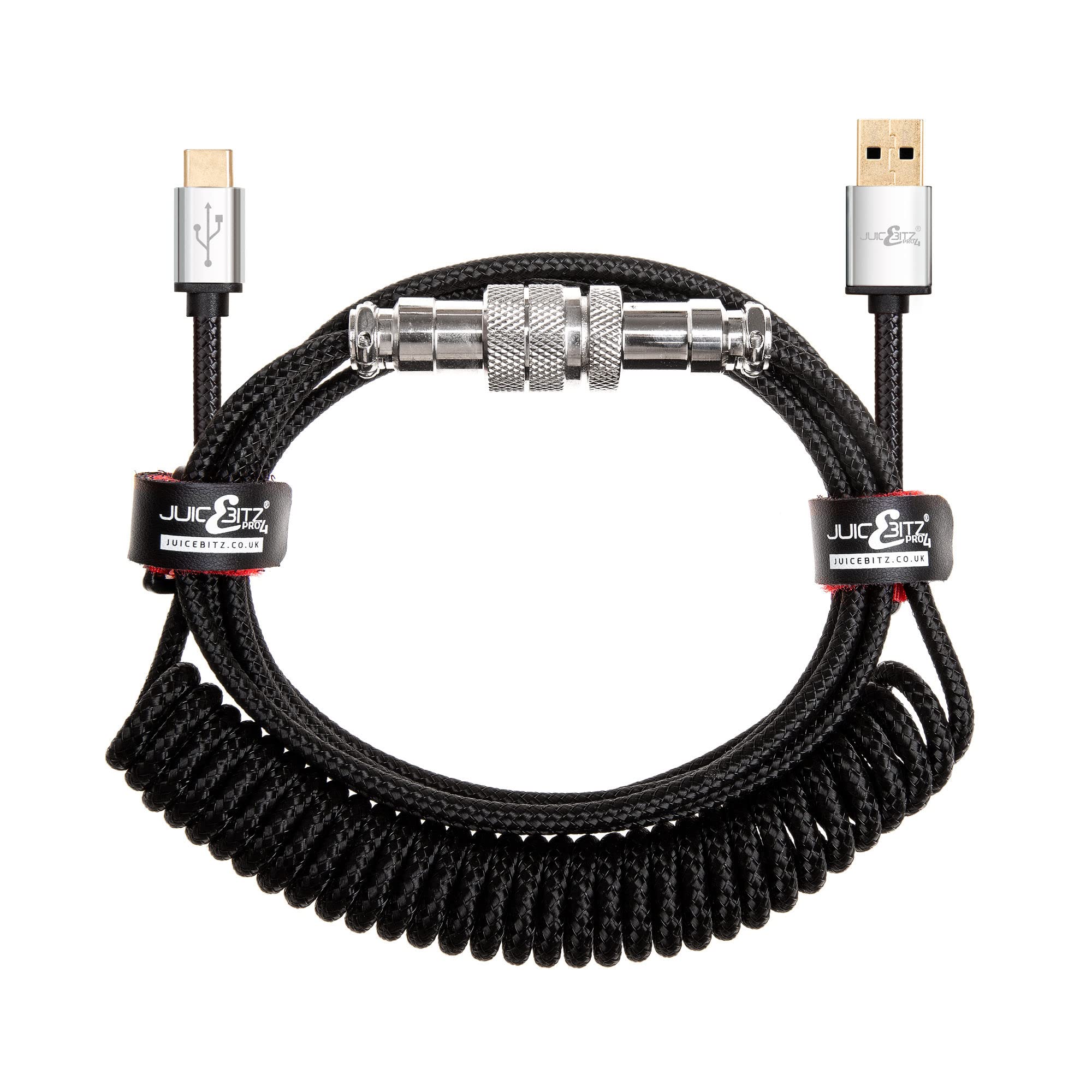 JuicEBitz USB A to Aviator GX16 to USB Type C Retractable Coiled Cable compatible with Ducky, Anne Pro, Tofu65 Mechanical Keyboard (Black)
