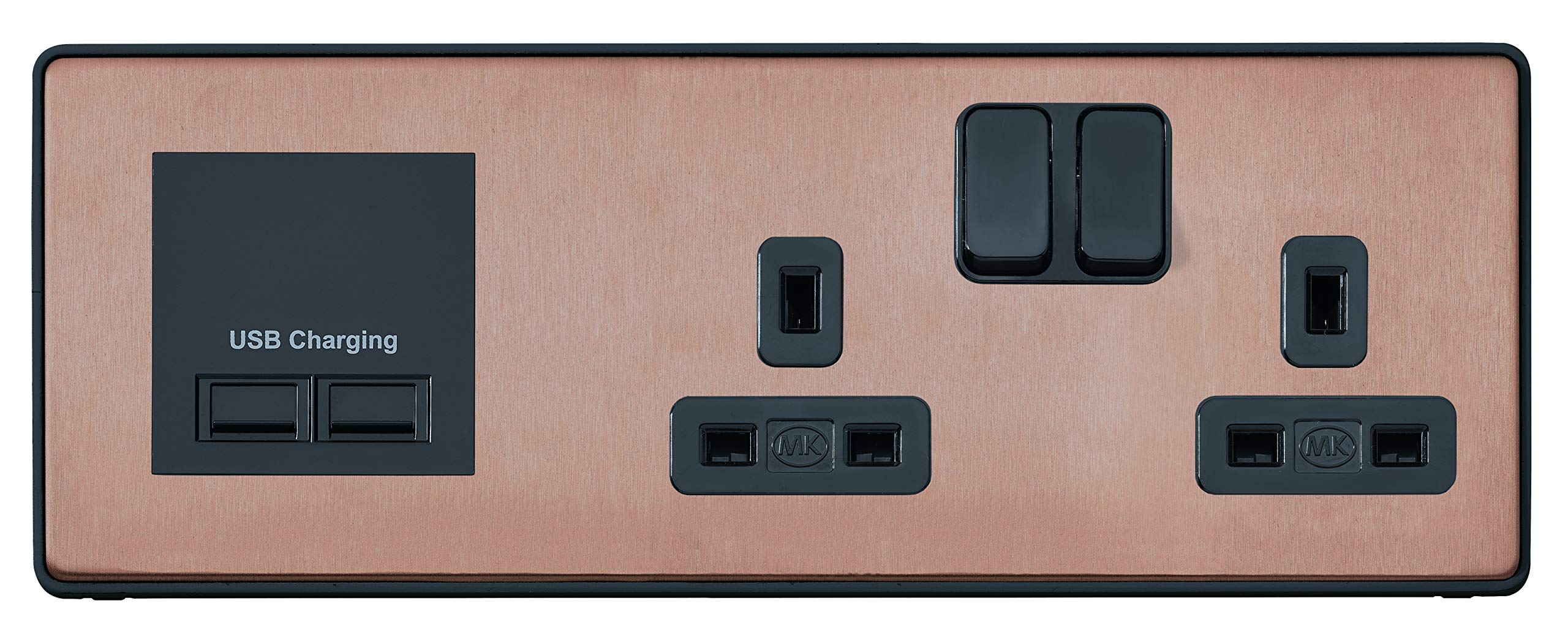 MK Dimensions 2 Gang Combi Switch Socket Bronze Finish with a Black Trim Multimedia Plate with Left Side Euro Frame