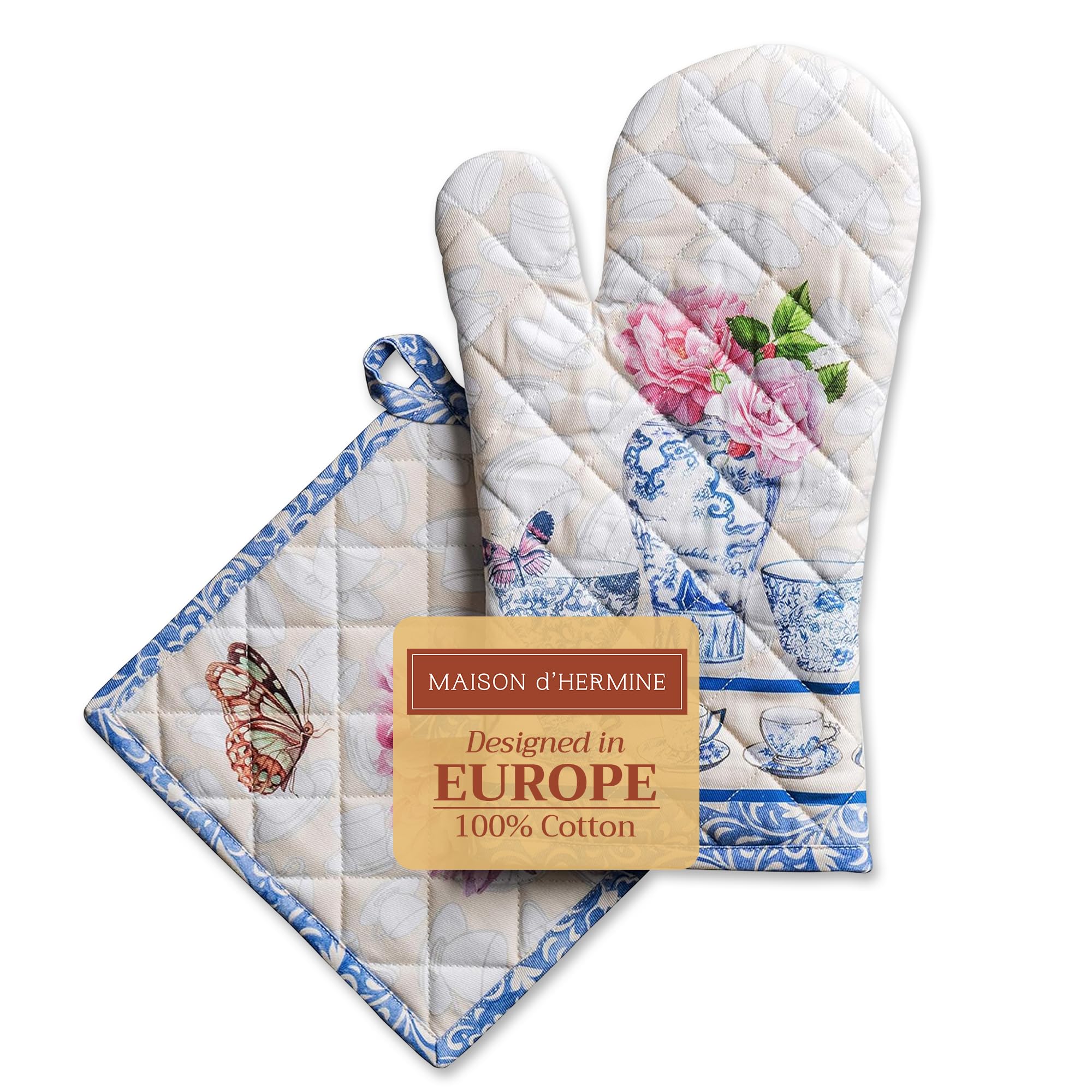 Maison d' Hermine 100% Cotton Oven Mitt & Pot Holder Set (19 x 33 cm & 20 x 20 cm) Heat Resistant BBQ Cooking Gloves with Loop for Baking Handling Hot Pans Easter Decorations (Canton)