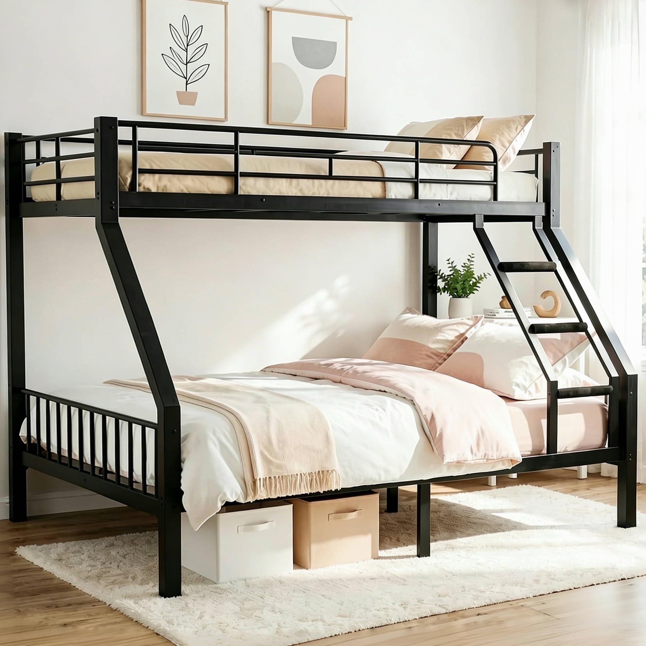 Photo 1 of ****missing parts item is a partial set  ***** Mixcous Twin XL Over Queen Bunk Bed, Heavy Duty Queen Bunk Bed for Adults, Metal Bed Frame with Full-Length Guardrails & EVA Padded Anti-Slip Ladder, No Box Spring Needed, Black