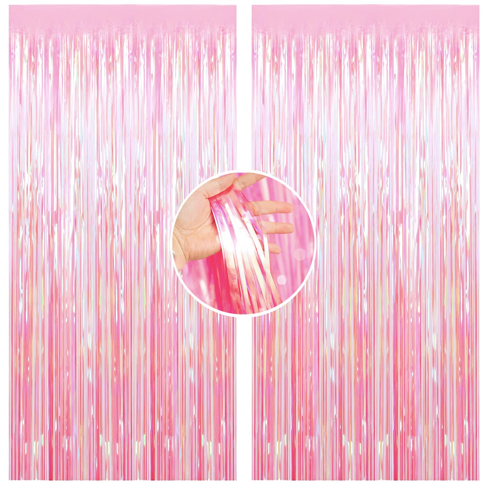 2P Iridescent Pink Foil Curtain Backdrop Curtain Birthday Curtains Decoration,1m*2m Party Fringe Backdrop Curtain.Shimmer Hanging Frozen Party Streamer for Easter Birthday Wedding