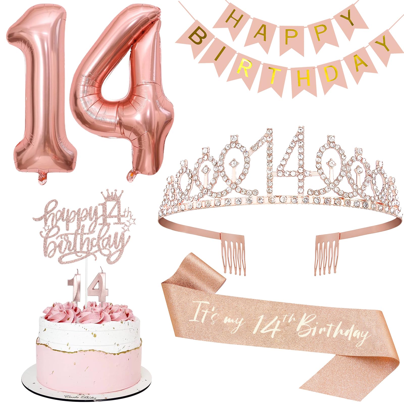 Photo 1 of 14th Birthday Decorations for Girls, Including 14th Tiara and Sash, Happy Birthday Banner, Cake Toppers, Number Candles and Balloons Set, Rose Gold