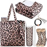 Yaomiao 5 Pcs Leopard Gift Stuff Set for Girl Women Cheetah Print Blanket 20 oz Leopard Stainless Tumbler Cheetah Tote Bag Bracelet Keychain and Socks, Party Gifts Supplies