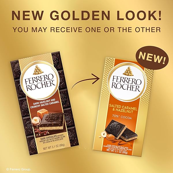 FERRERO ROCHER PREMIUM DARK CHOCOLATE HAZELNUT AND CRUNCHY SALTED CARAMEL BAR, CHOCOLATE GIFT, 8 PACK, ​3.1 OZ EACH