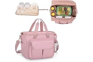 LUXJA Large Wearable Breast Pump Bag with a Waterproof Mat for Wearable Breastfeeding Pump, Carrying Tote Bag with Multiple Pockets for Hands Free Breast Pump and Extra Parts, Pink