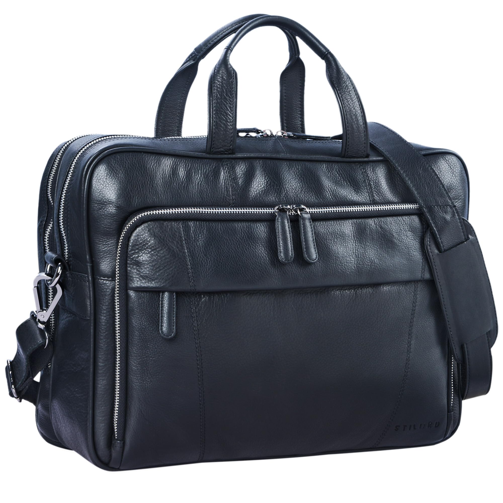 STILORD "Jaron" Large Shoulder Bag Leather Men Women XL Laptop Bag 15.6 inches College Bag Portfolio Business Bag Genuine Leather Colour:Black