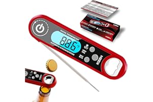 Kizen IP100 Digital Meat Thermometer, LCD - Instant Read Waterproof Food Thermometers with Bottle Opener for Kitchen, Outdoor Cooking & Grilling - Red