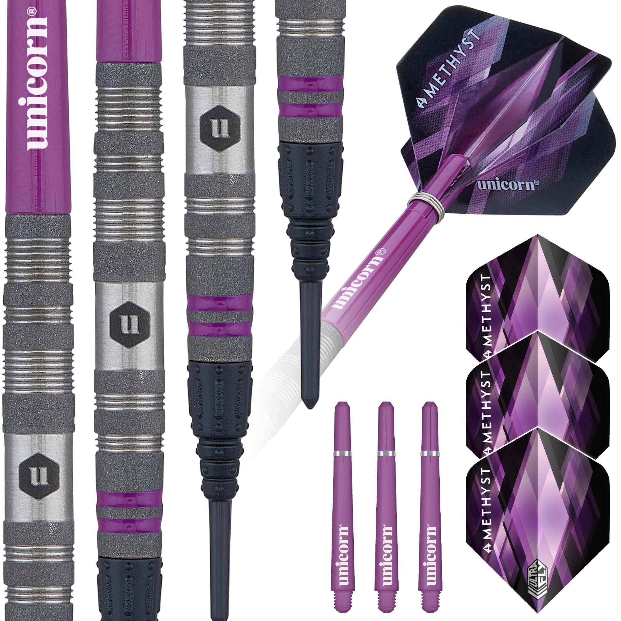 Unicorn Darts Set | Amethyst 2 | 80% Natural Tungsten Gripper Finish Barrels with Purple Accents & Laser Etched U Logo Hallmark | Soft Tip Epic Points | 18 g