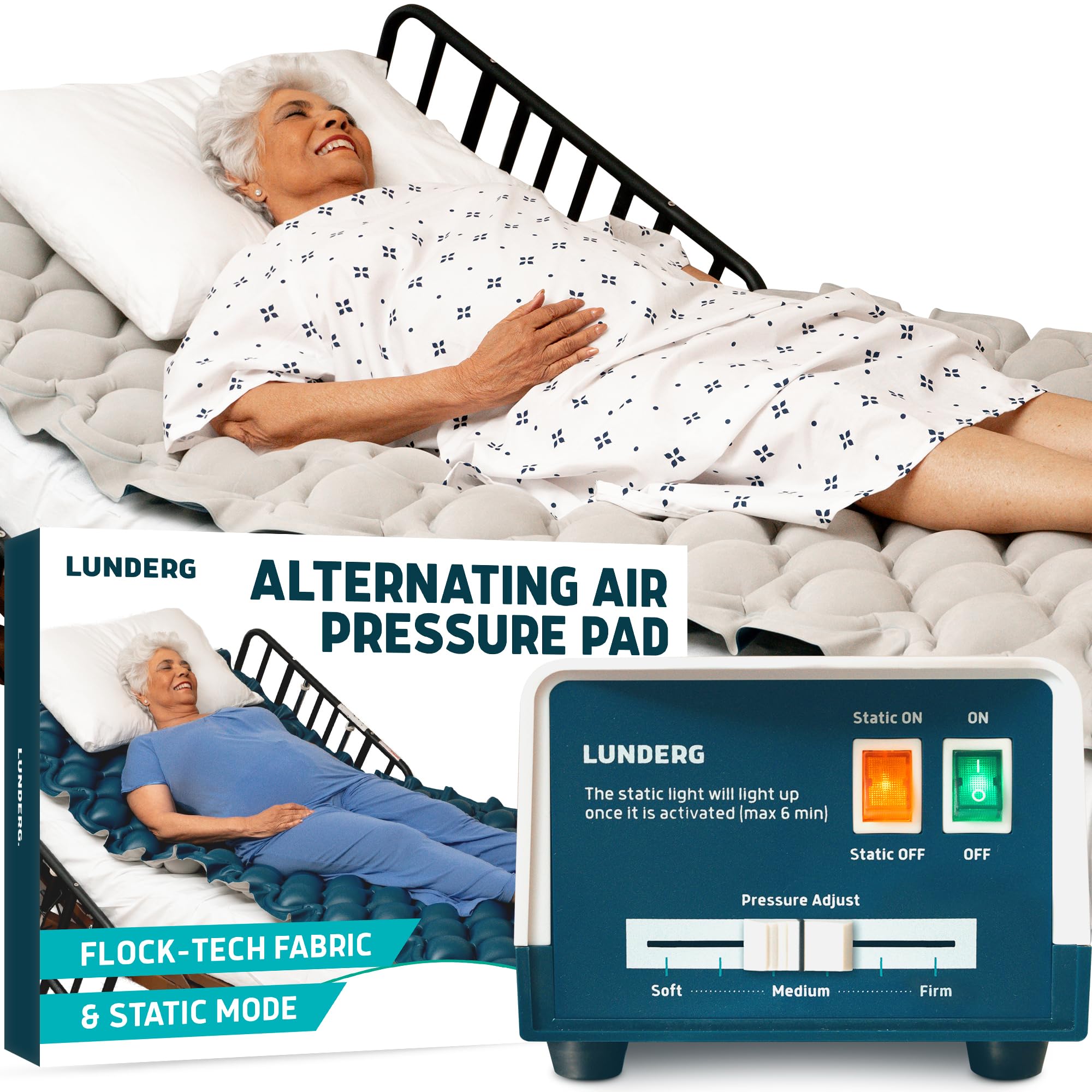 Lunderg Alternating Air Pressure Mattress Pad with Static Mode & Flocking - Comfortable Bed Sore Prevention - Includes Mattress Topper for Hospital Bed or Home & Quiet Pump - Recommended by Doctors