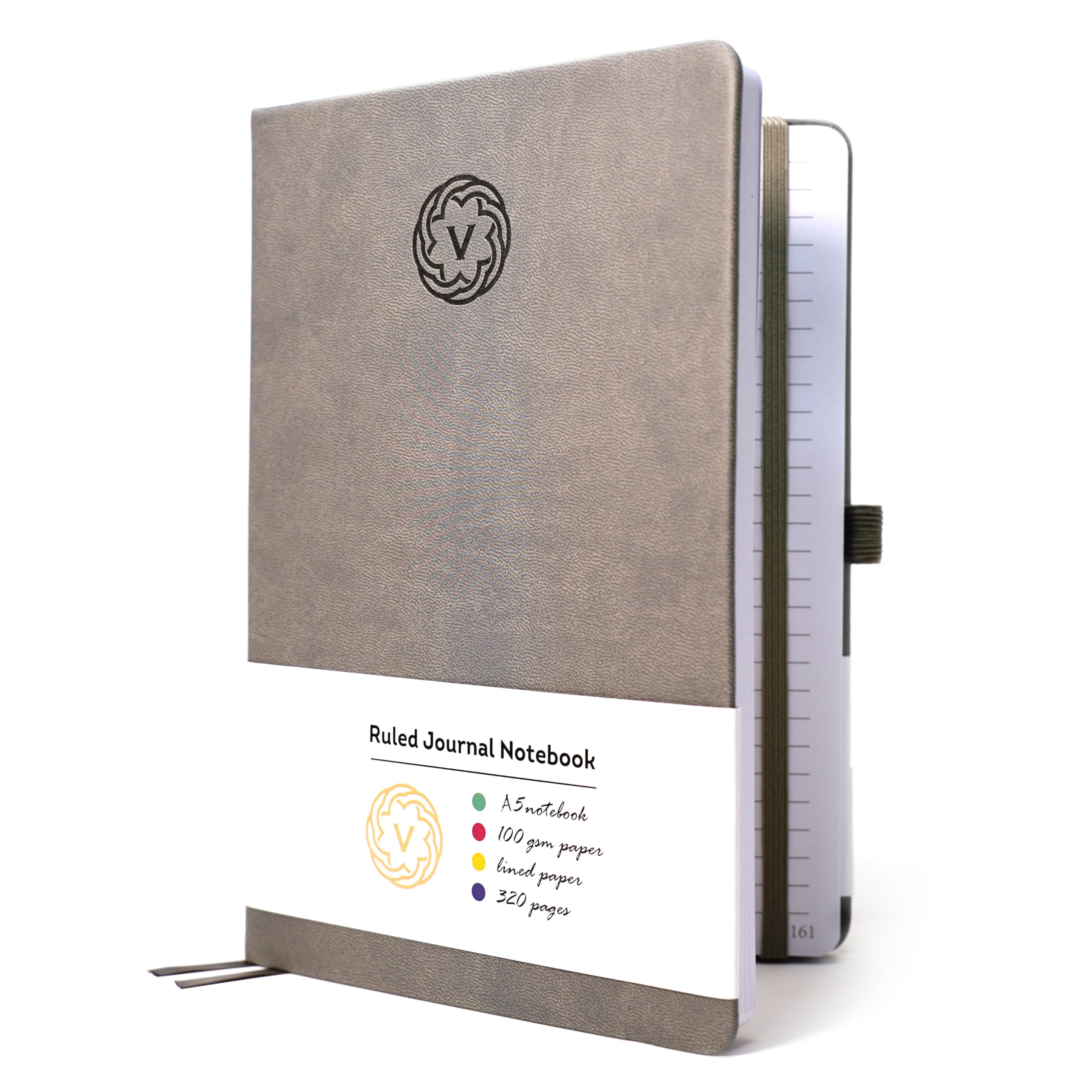 VABE UK A5 Journal Notebook Lined Notepad 320 Pages - 100gsm Hardcover Writing Notebook, Classic Casebound Lined Journal with Elastic Closure, Inner Pocket, Pen Loop & Sticky Notes (A5, Grey)