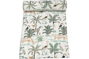 Marubhumi Indian Traditional Pure Cotton Jungle Print Kantha Quilt, Bed Cover Throw Animal Printed Kantha Quilts Multi Color (White, Twin (60"x 90"))