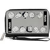 Buckle-Down Peanuts Wallet, Zip Around, Peanuts Gang Ten Character Faces Gray Black White, Vegan Leather