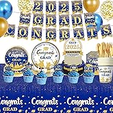 2025 Congrats Grad Party Decorations Blue and Gold Graduation Party Supplies with 2025 GRAD CONGRATS Banner Balloons Cake Toppers Tablecloth Plates Napkins Cups for Graduation Decorations