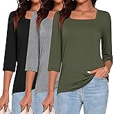 Ficerd 3 Pack 3/4 Sleeve Tops for Women Square Neck Shirts Loose Fit Casual Ladies Blouses Tops Fall Basic Tees