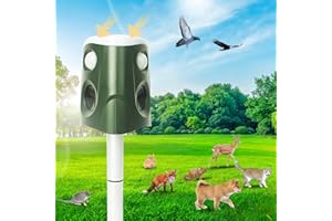 AMSQTO 360° Ultrasonic Animal Repellent, 2024 Solar Powered Outdoor Squirrels Deterrent with Motion Sensor,Sound and LED Flashing,Waterproof Deer Cat Repeller,Dog Repellent for Bird Skunk Rabbit 028