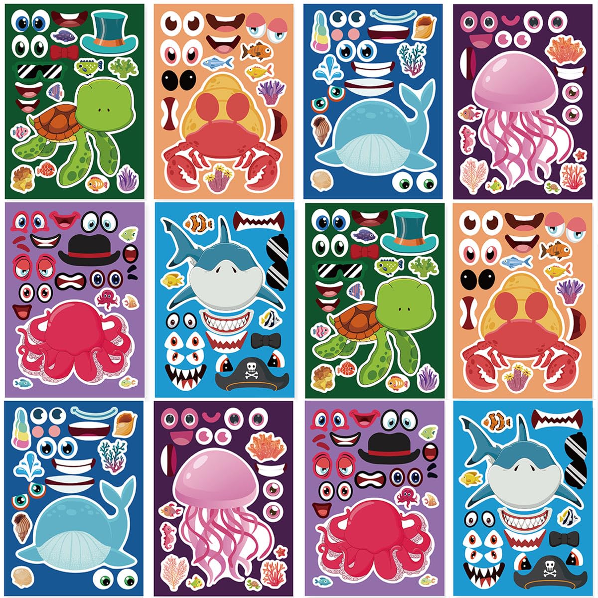Photo 1 of 24 Sheets 8.27''×5.9'' Make Your Own Sea Animals Stickers for Kids Toddlers, Make a Face Stickers for Kids Party Favors Activities