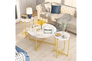 Lamerge Coffee Table Set of 3,Modern Faux Marble Top with Golden Frame,1 Coffee Table & 2 Accent Table, Living Room Table Set, for Apartment,Office and So on,White & Gold (LCTR-W)